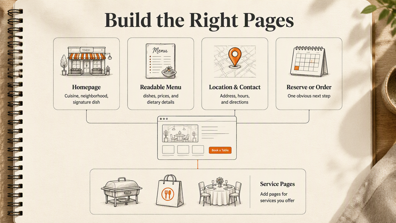 Restaurant website map showing homepage, menu, location, booking, and dedicated service pages