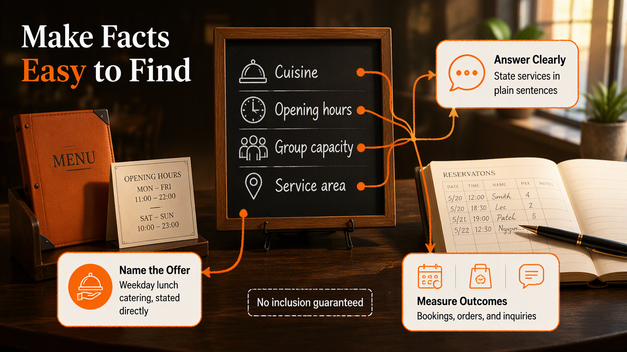 Restaurant facts and outcome tracking workflow for AI discovery, bookings, orders, and inquiries