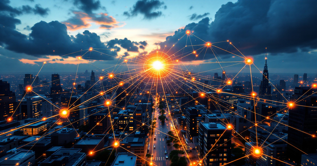 Glowing network connecting local businesses across city skyline symbolizing backlinks, partnerships, and SEO authority