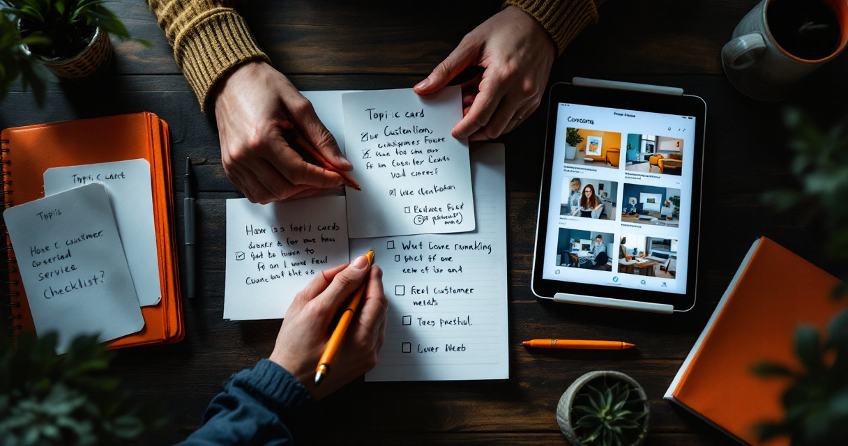 Hands organizing practical local service content topics around customer questions