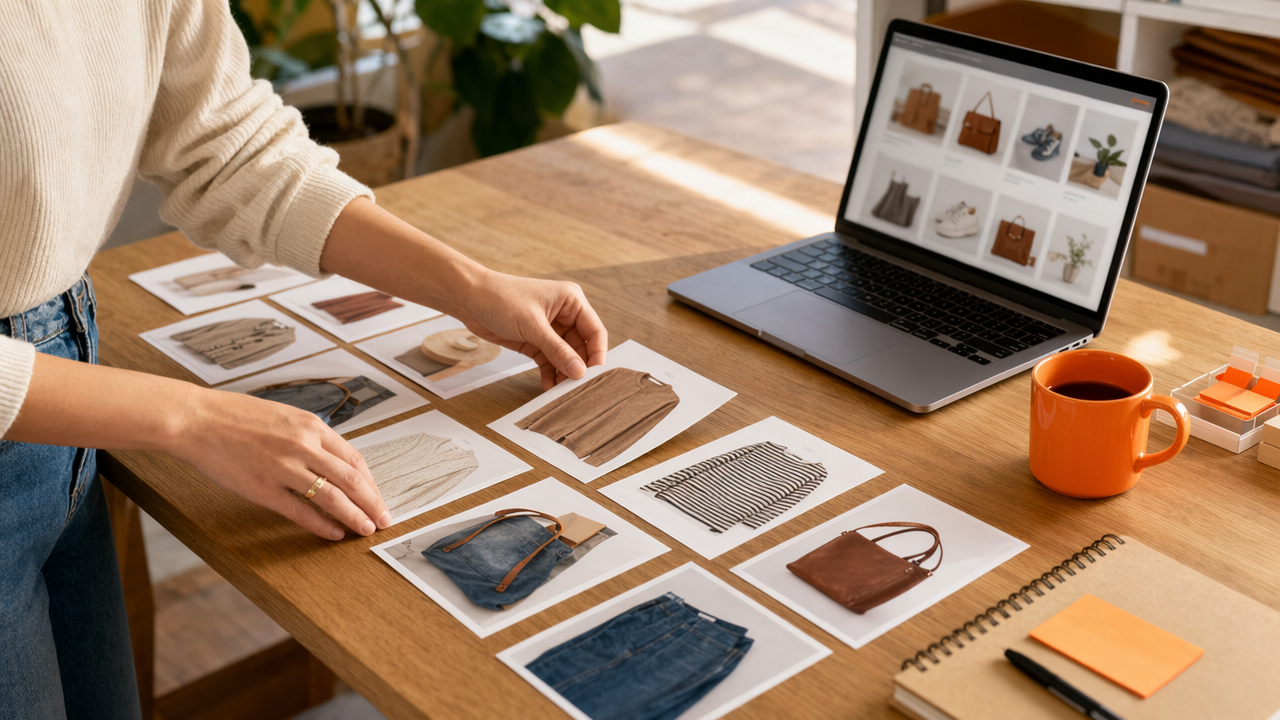 Hands organizing product groups on a table beside a laptop for ecommerce collection page planning