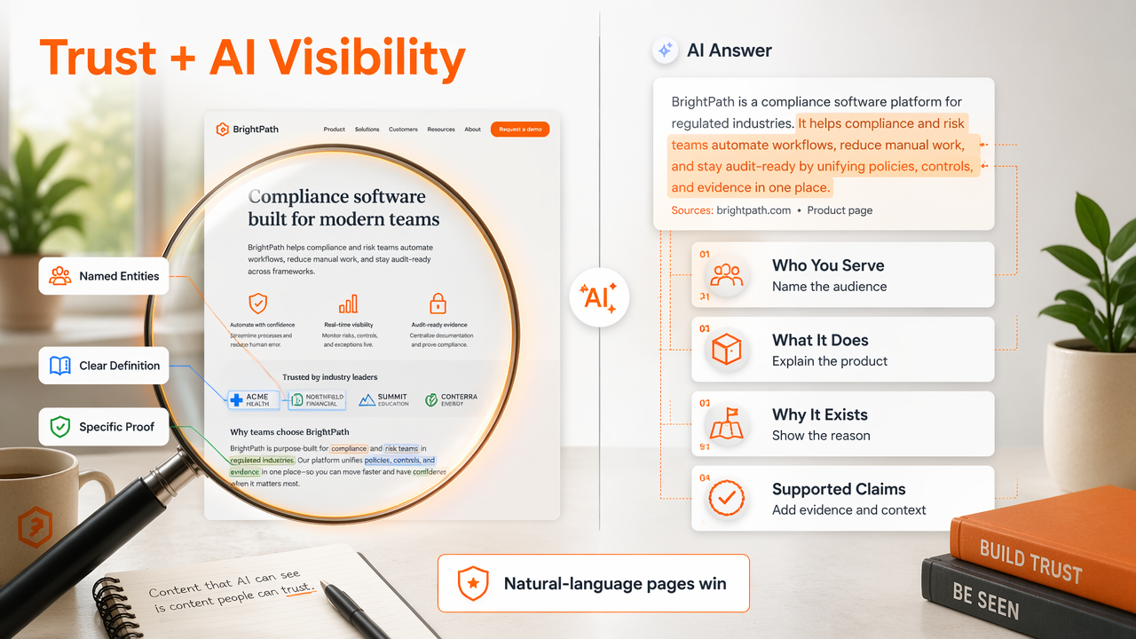 Split-screen illustration of trust signals and AI-friendly content for startup landing pages.