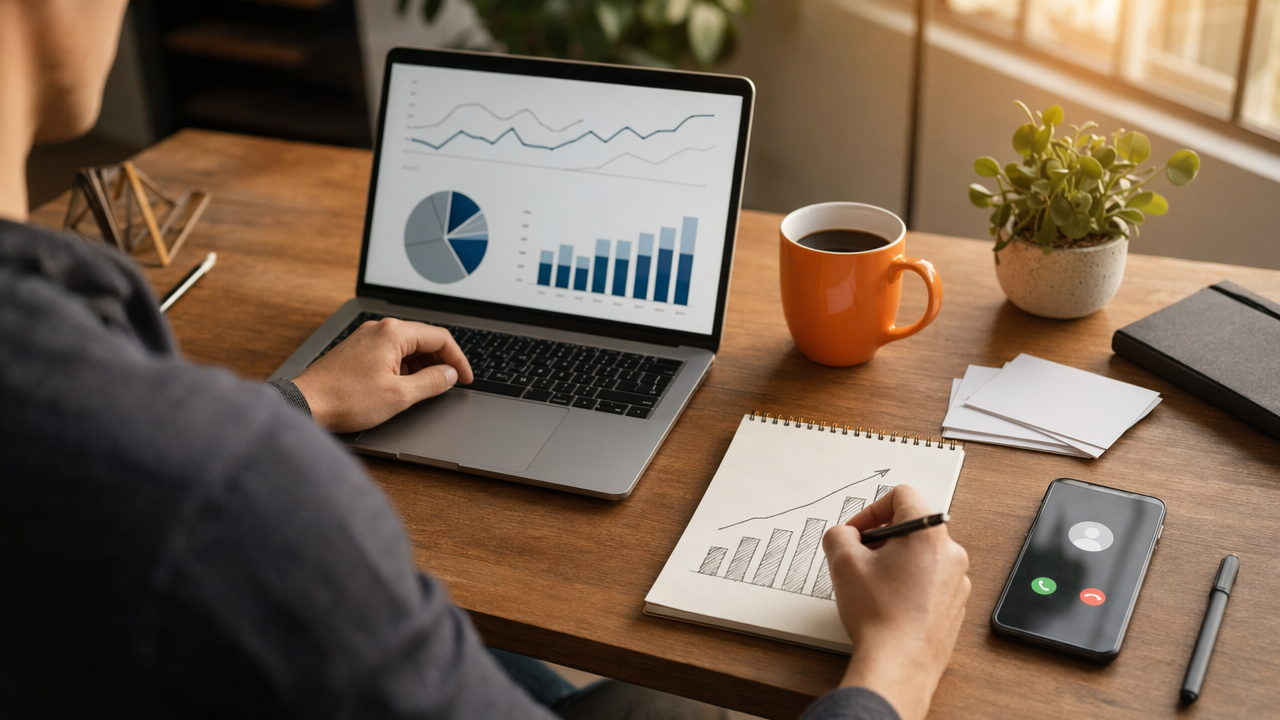 Startup founder desk with simple SEO KPI workflow from traffic to leads and revenue
