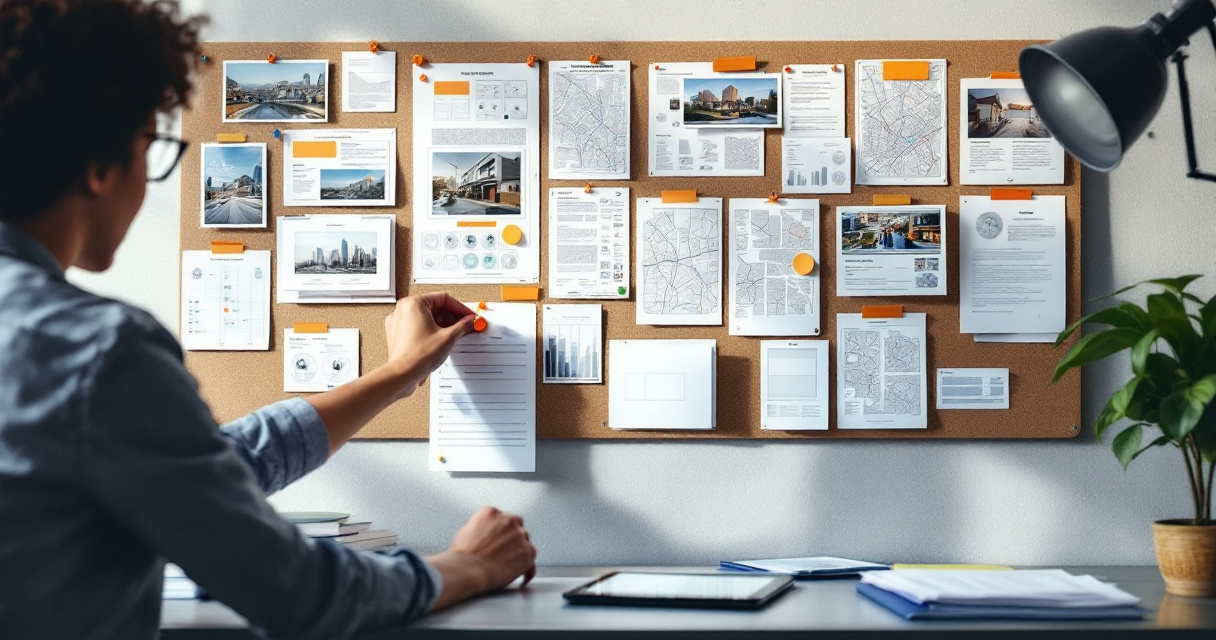 Organized service area page planning board with maps, folders, and orange pin