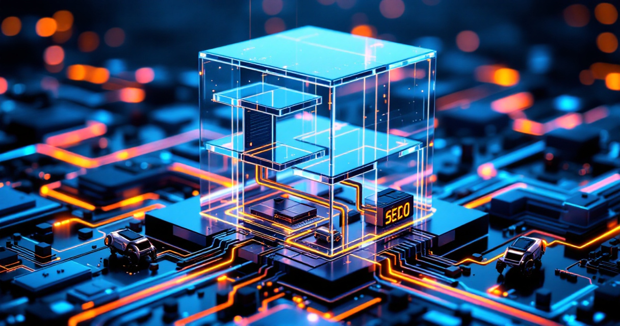 Futuristic website infrastructure with robots inspecting technical foundation and glowing orange network connections