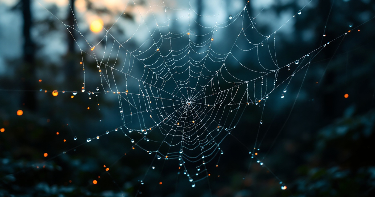 Dewdrop covered spider web at sunrise showing natural interconnected network pattern for internal linking concept