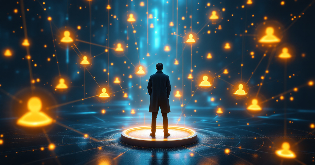 Expert figure connected to glowing reputation network and trust signals across digital ecosystem