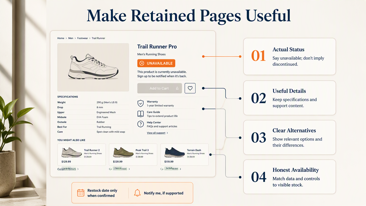 Infographic showing retained product page status, specifications, alternatives, and accurate availability controls.