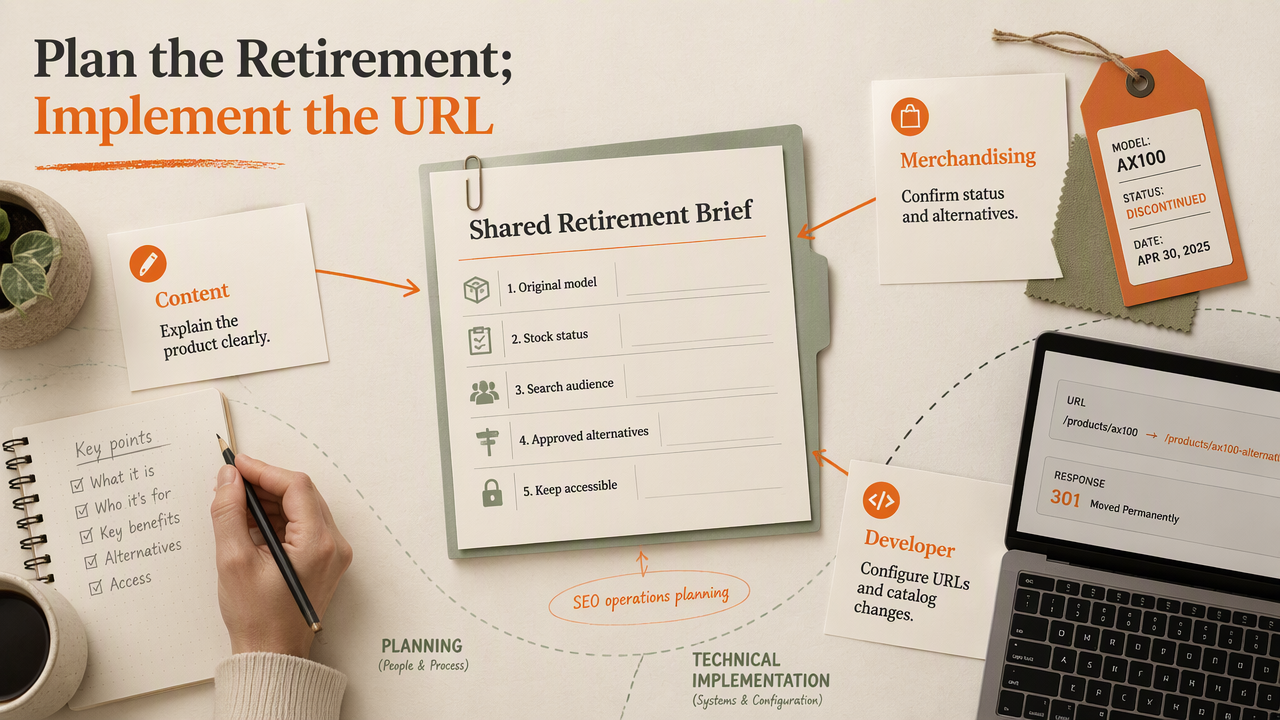 Editorial workflow diagram connecting content, merchandising, and developer teams through a product retirement brief.