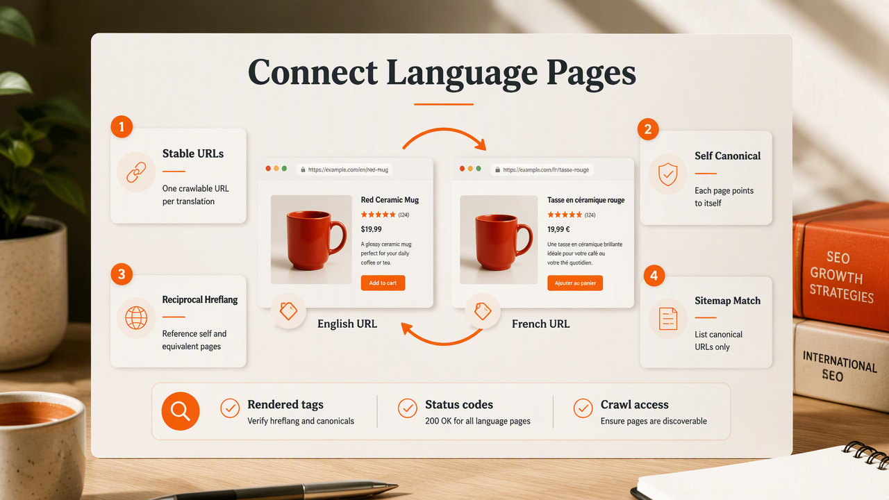 Diagram showing multilingual product URLs, self canonicals, reciprocal hreflang, sitemap alignment, and prelaunch checks
