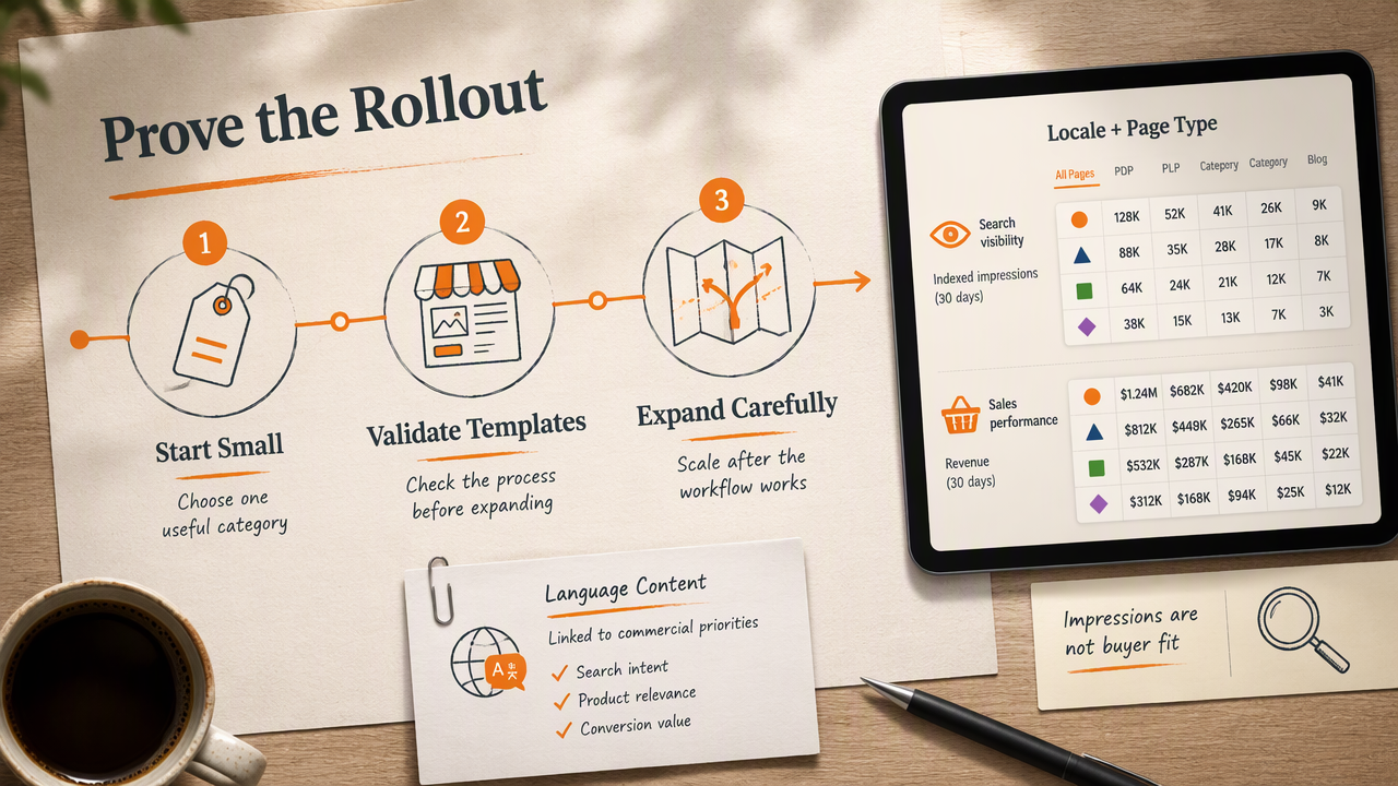 Multilingual SEO rollout diagram linking category testing, template validation, localized content, and separated performance metrics