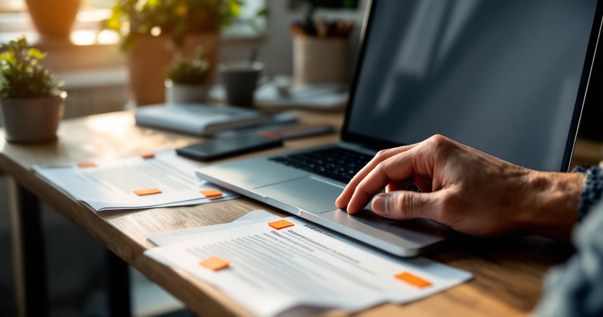 Over-the-shoulder SEO workspace with page mockups and orange markers for improving click-through rates