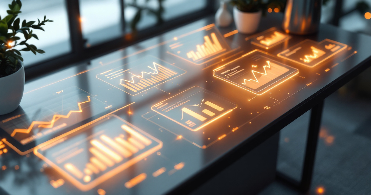 Structured SEO analytics dashboard concept with organized glowing charts and orange highlights