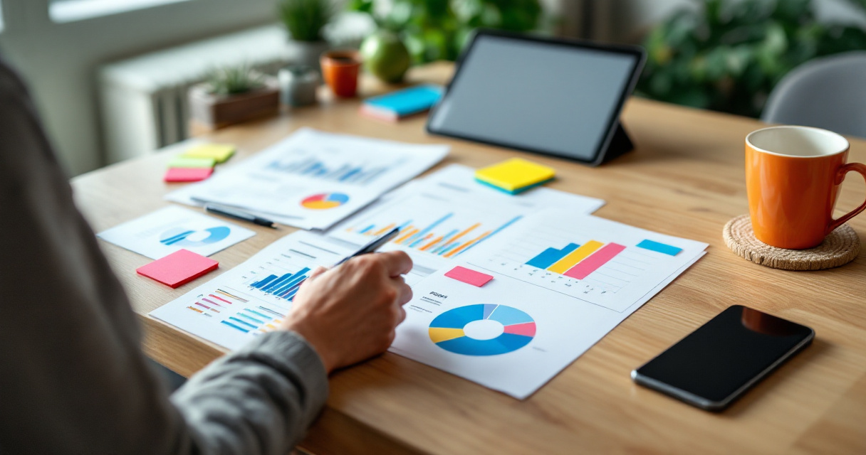Structured SEO reporting workspace with segmented charts, tablet, and orange mug on oak desk