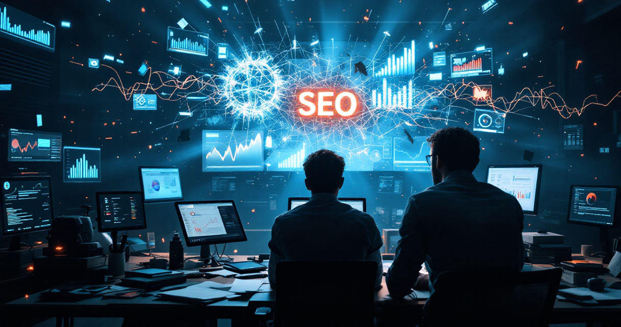 Chaotic analytics screens and cluttered data visuals symbolizing confusing SEO reports that frustrate clients