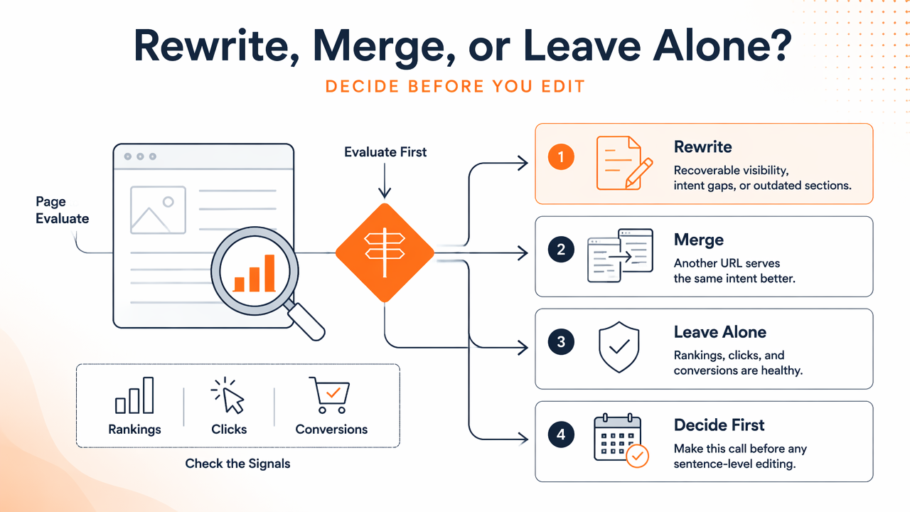 Illustration for When should a page be rewritten, merged, or left alone?