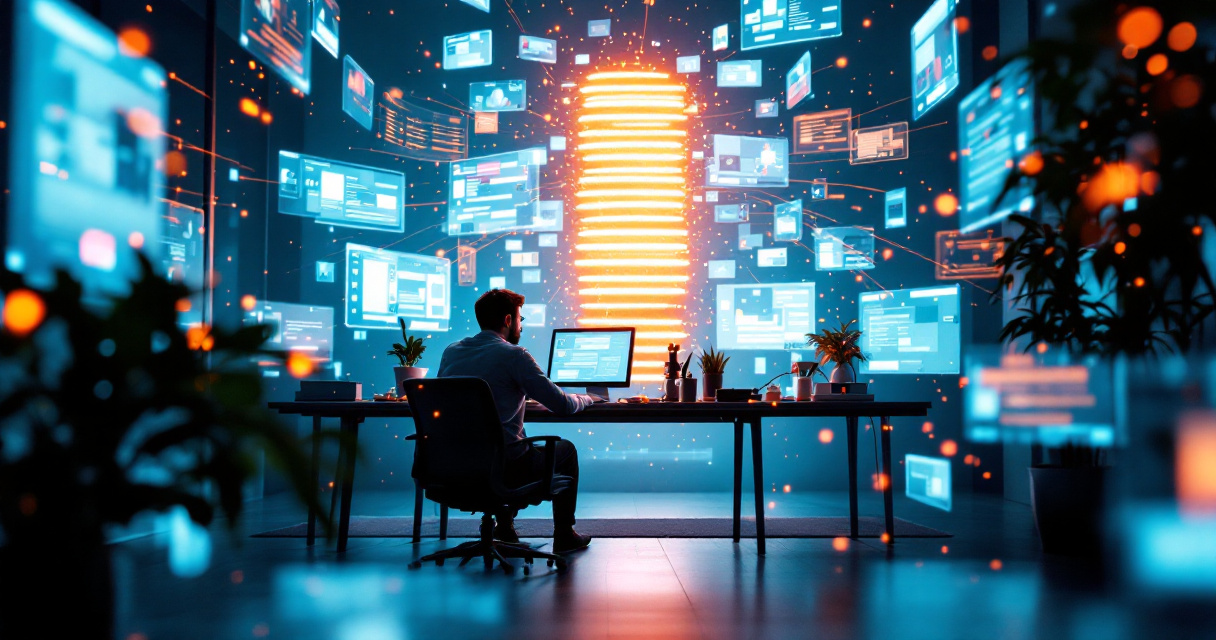 Startup founder creating glowing digital content that builds a towering beacon of online authority