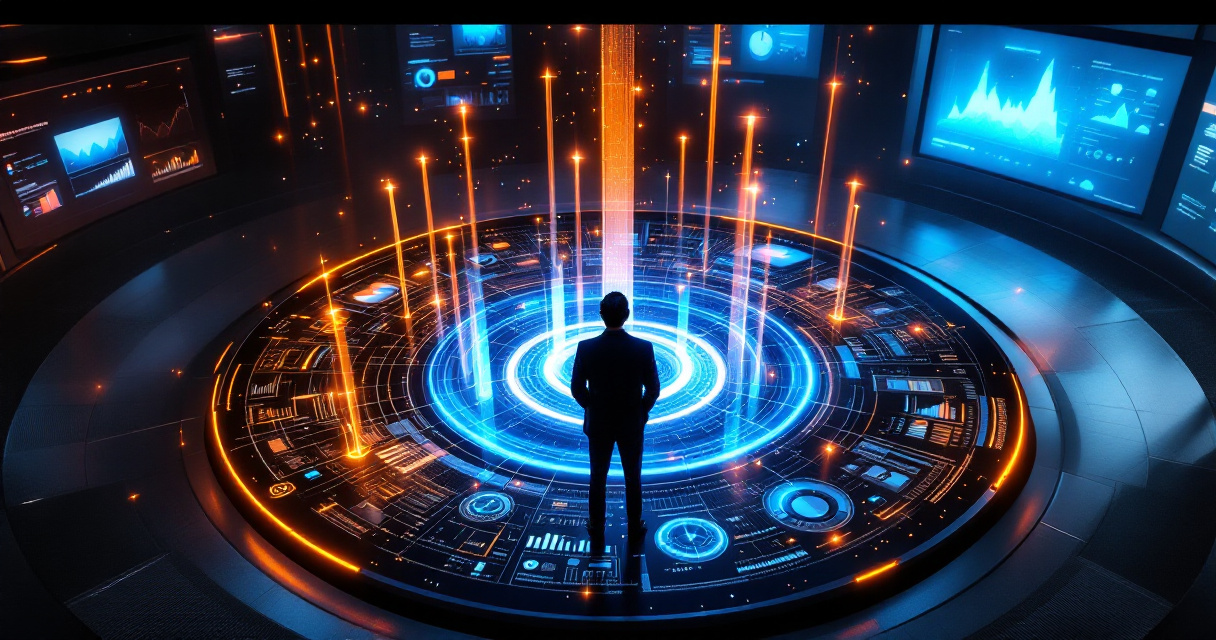 Strategist analyzing glowing data streams and growth signals in futuristic SEO analytics environment