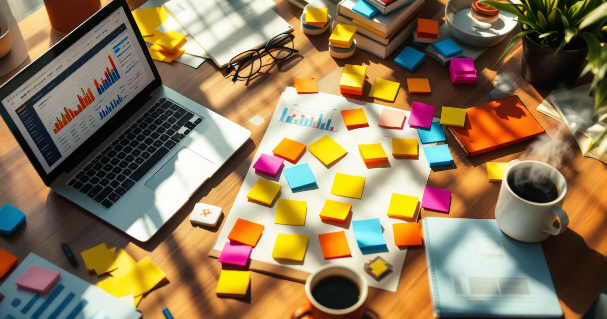 Content planning workspace with laptop analytics and strategic sticky note organization for SEO optimization