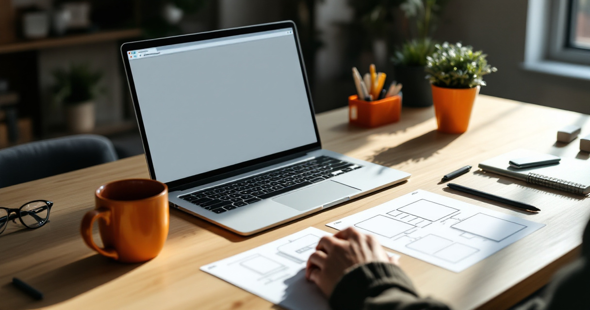 Over-the-shoulder startup desk scene showing website structure planning and technical SEO setup