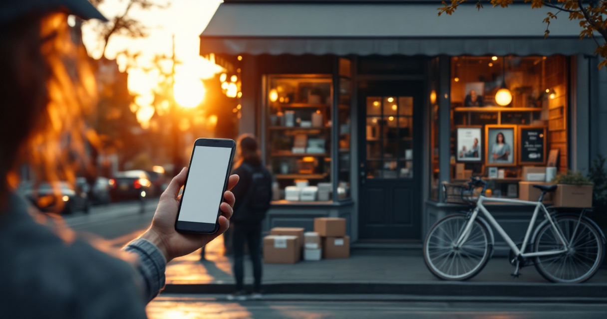 Neighborhood storefront with smartphone, packages, and trust signals illustrating local SEO authority building