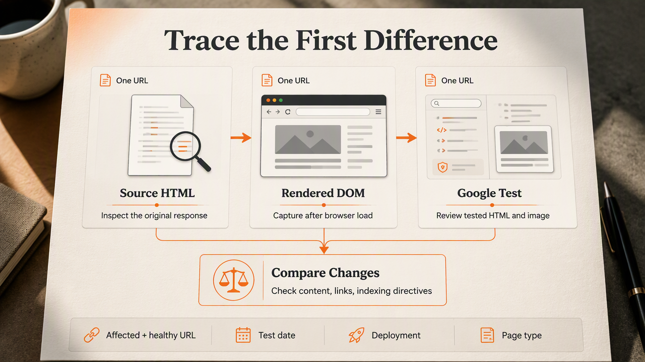 Three-way comparison of source HTML, rendered DOM, and Google's tested page for diagnosing JavaScript SEO issues.
