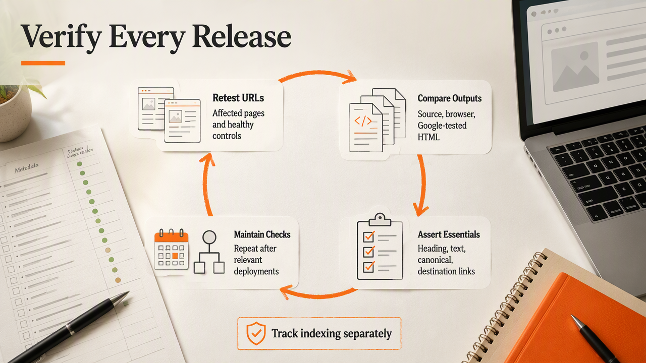 Release checklist for validating JavaScript rendering, metadata, links, status codes, and later indexing.