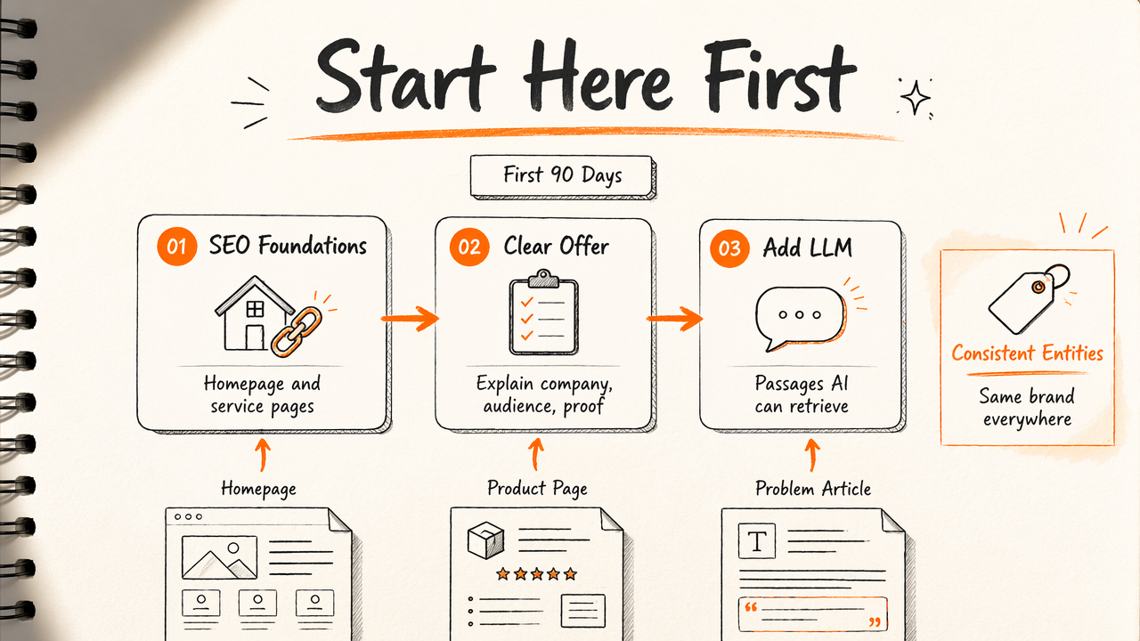 Startup roadmap showing SEO foundations before adding LLM optimization.