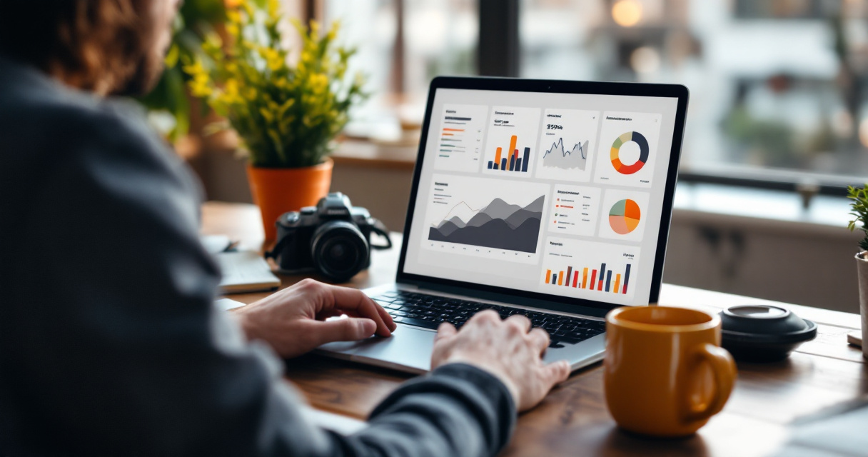 Startup workspace focused on long-term organic growth planning with orange mug accent