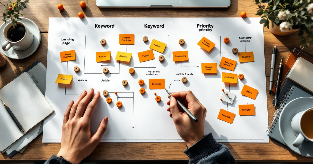 SEO keyword mapping desk separating service pages from blog post content ideas