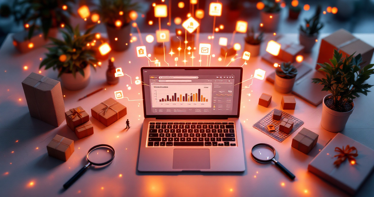 Cinematic workspace with laptop analyzing ecommerce search patterns and product connections for Shopify SEO research