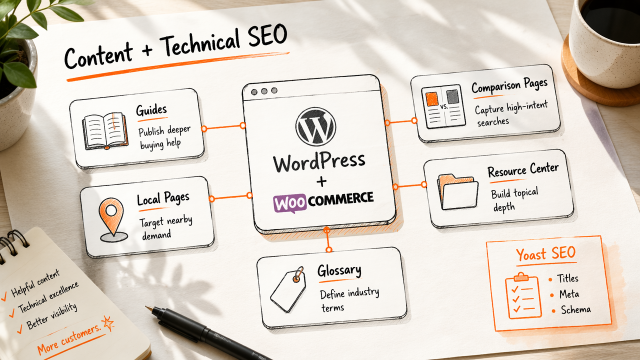 Annotated WordPress content architecture diagram showing why it wins for SEO and publishing.