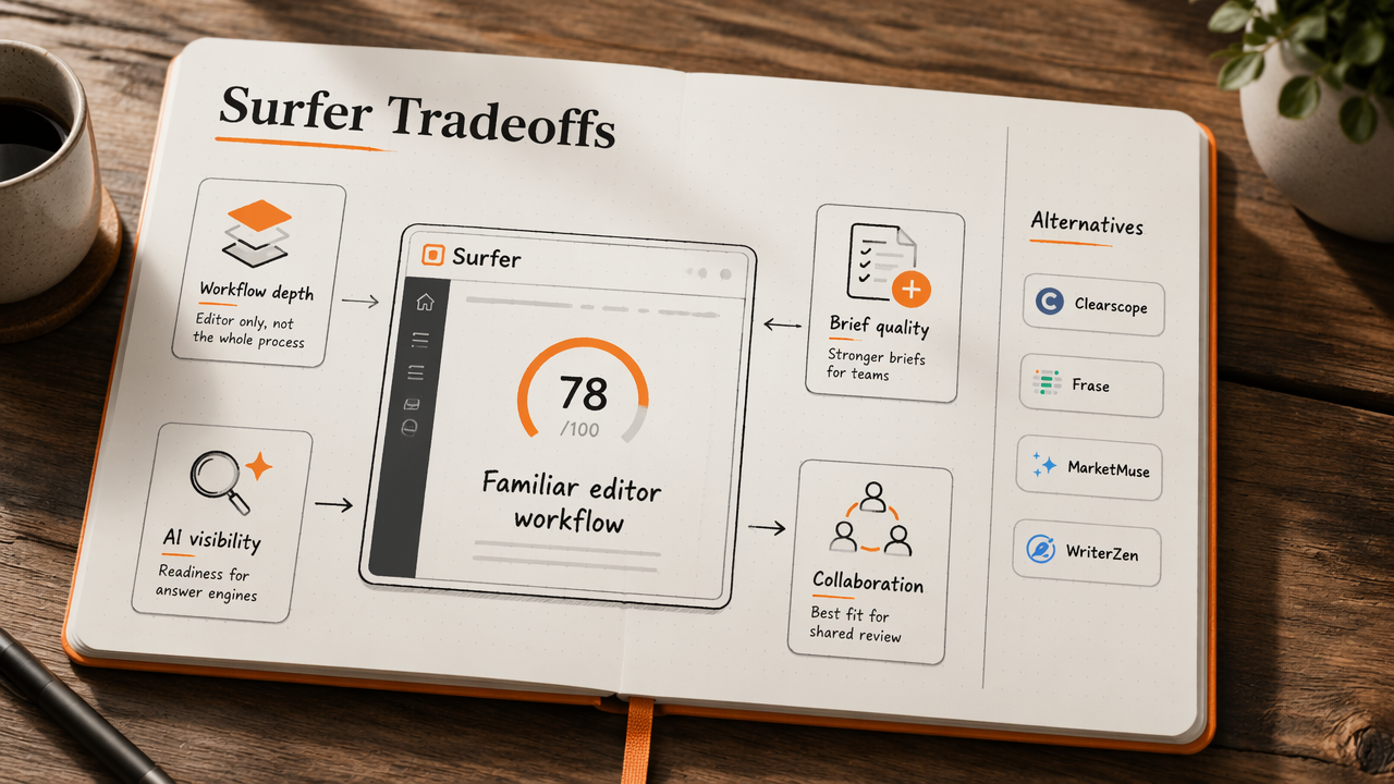 Annotated workspace showing Surfer SEO tradeoffs in workflow, AI visibility, briefs, and collaboration.