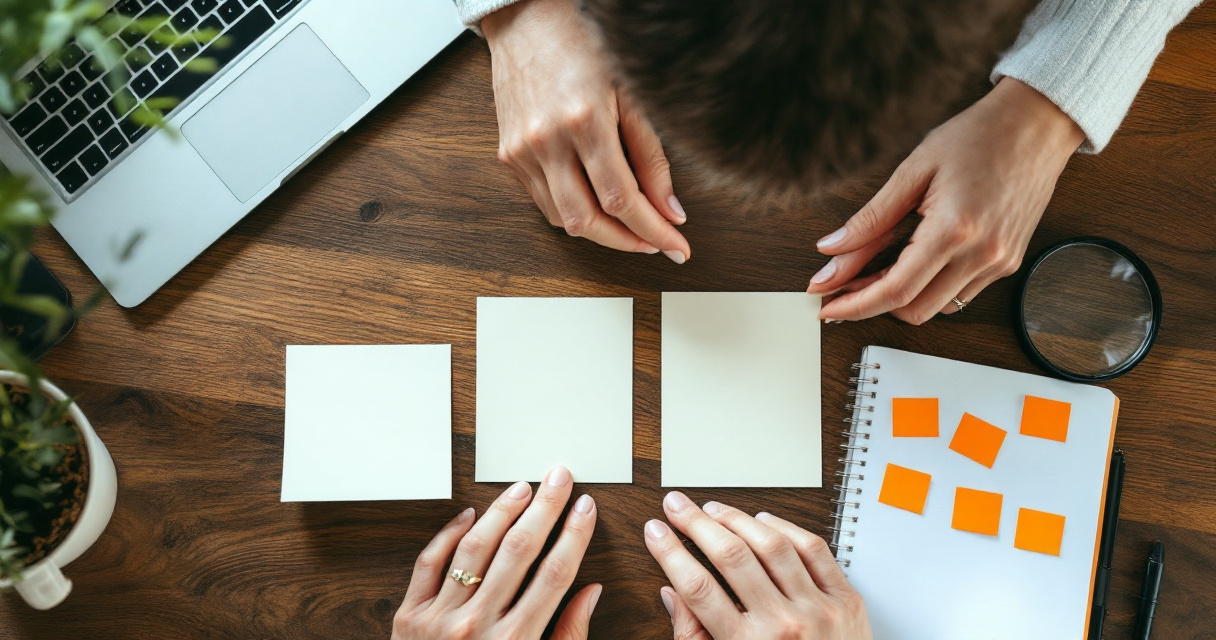 Hands organizing audience research cards for defining a target market audience