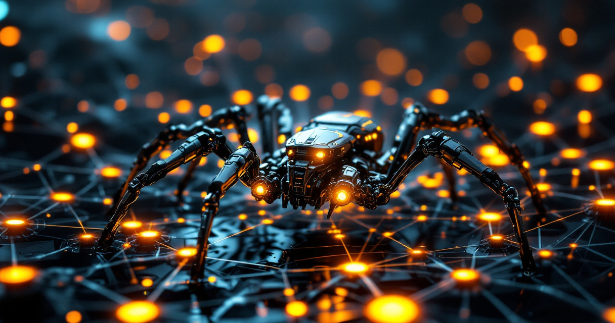 Robotic crawler spider navigating illuminated web structure representing search engine crawling and indexing process