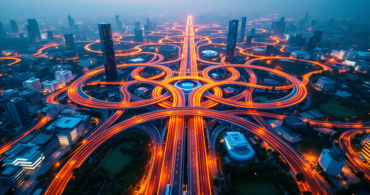 Aerial view of organized highway network connecting buildings symbolizing website internal linking architecture