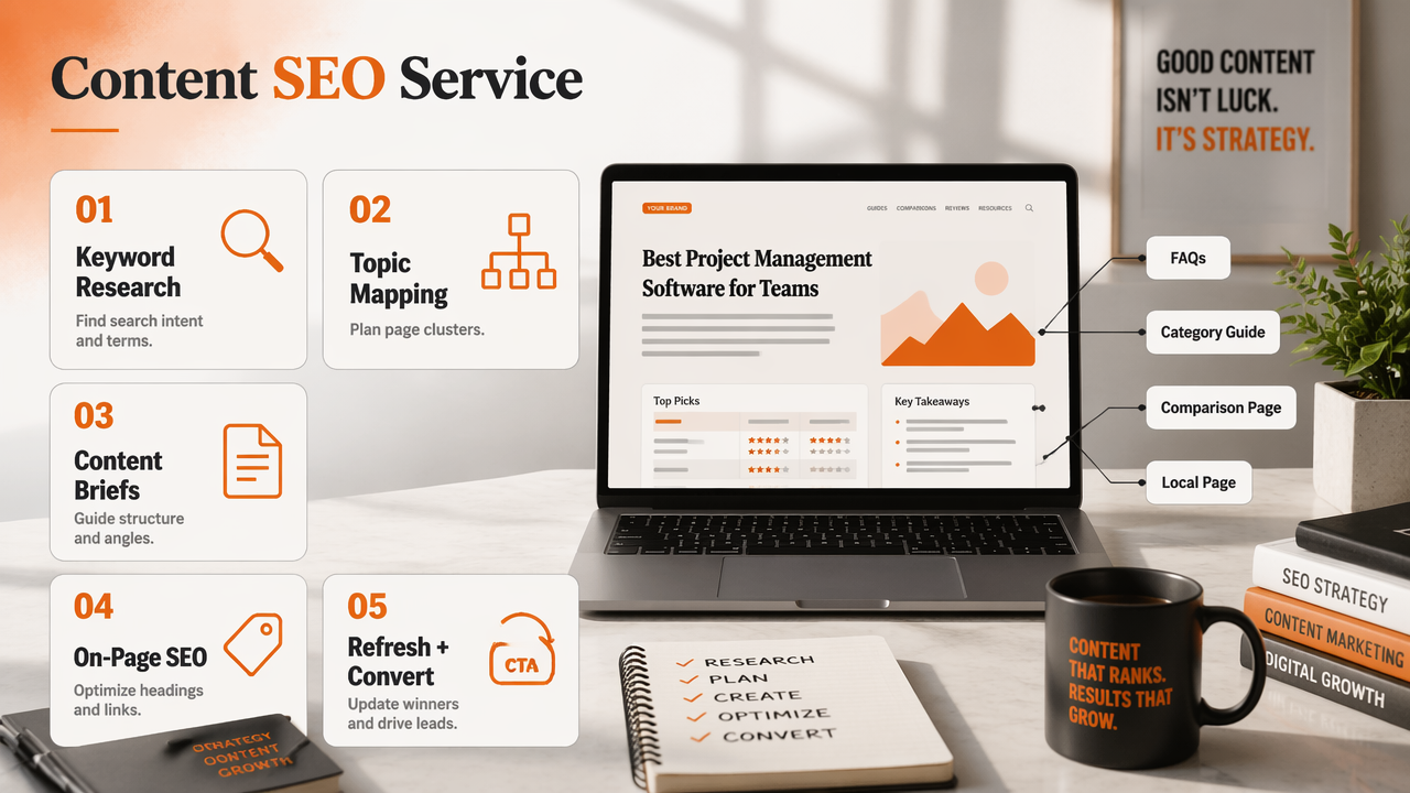 Editorial infographic explaining content SEO service workflow and page types.