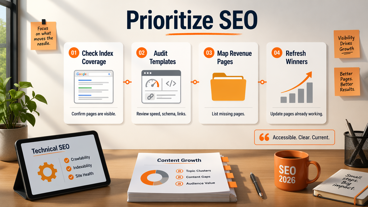Editorial diagram showing a 2026 SEO prioritization sequence from index coverage to content refreshes.