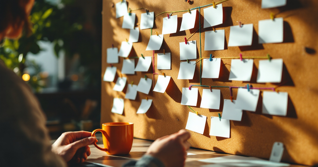 Hands organizing topic cluster ideas on a corkboard for a new website SEO plan