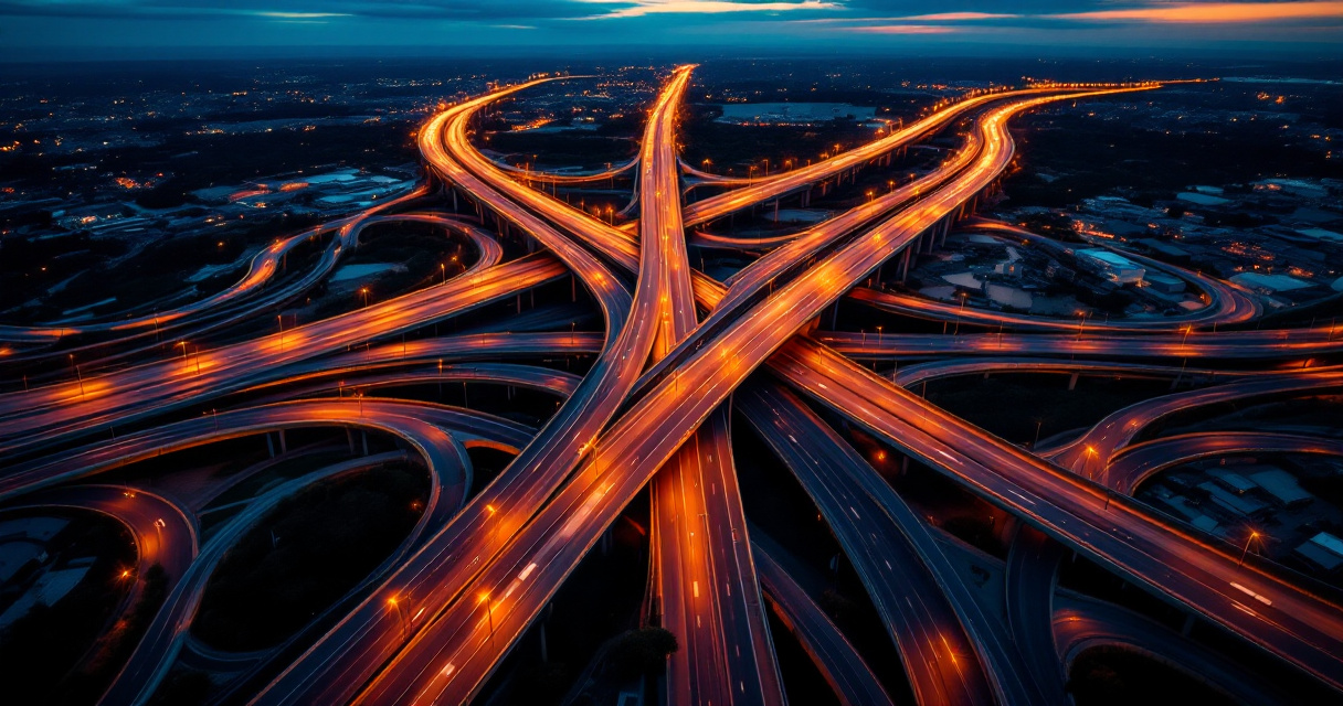 Highway interchange at sunset representing website redirect strategy and URL routing paths
