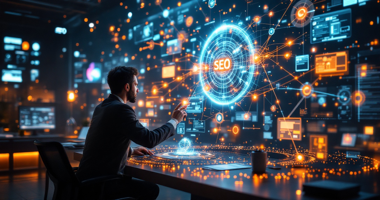 Futuristic AI-driven search ecosystem with strategist analyzing interconnected SEO signals and data networks