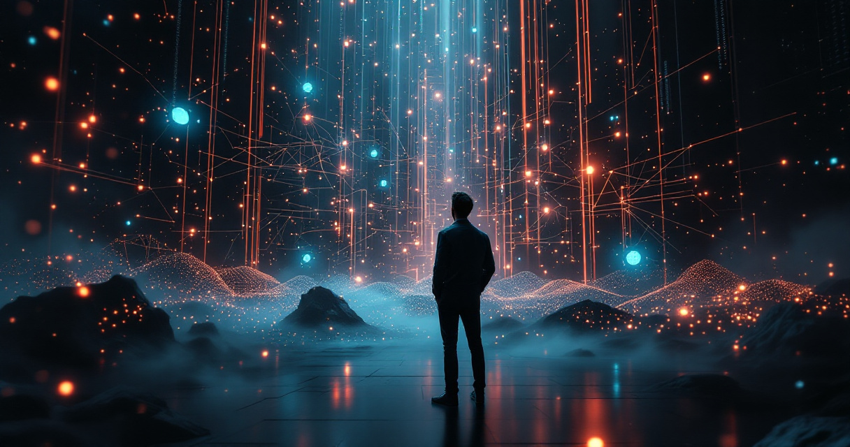 Futuristic AI-driven search ecosystem with strategist analyzing glowing data pathways and connections
