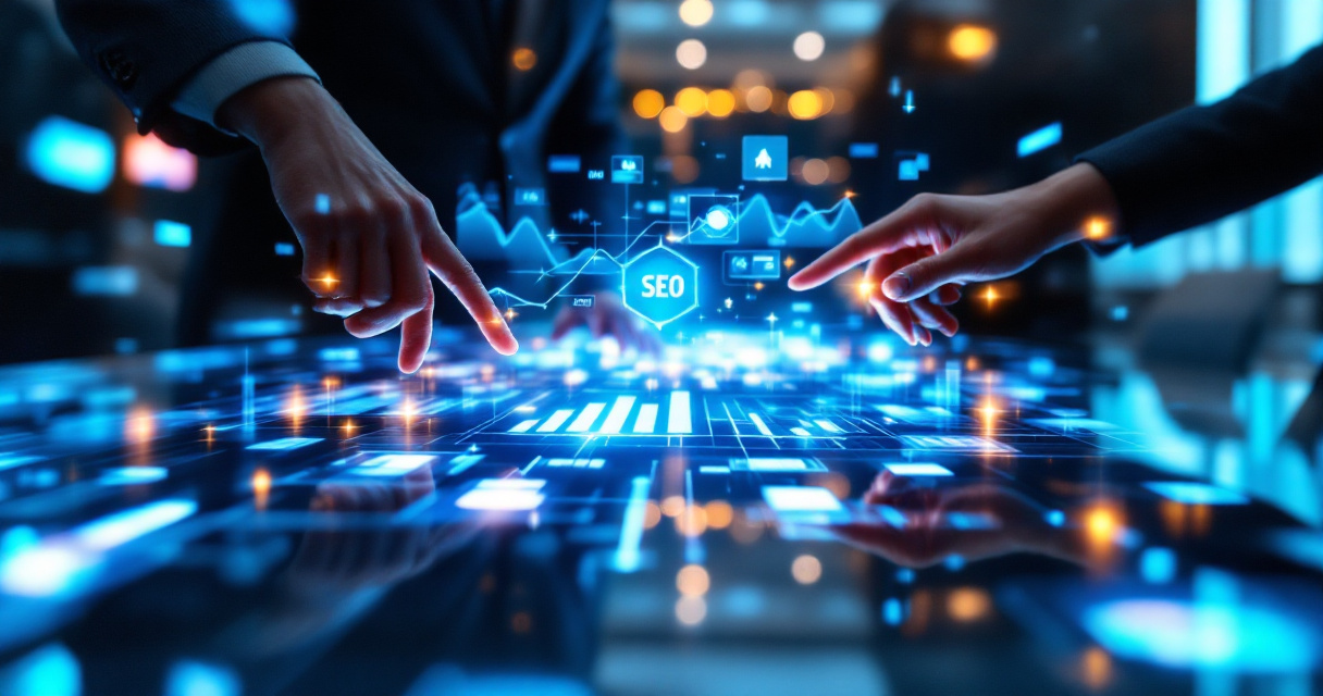 Modern team reviewing transparent holographic analytics dashboards representing SEO reporting and open communication