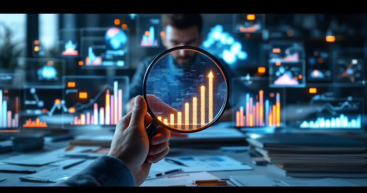 Consultant verifying SEO performance data using magnifying glass over glowing analytical dashboards