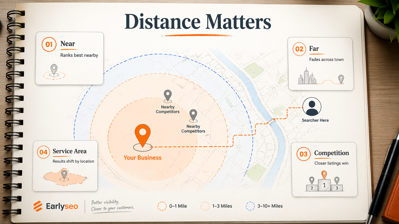 Map diagram showing distance limits and nearby competitor effects on Google Maps rankings