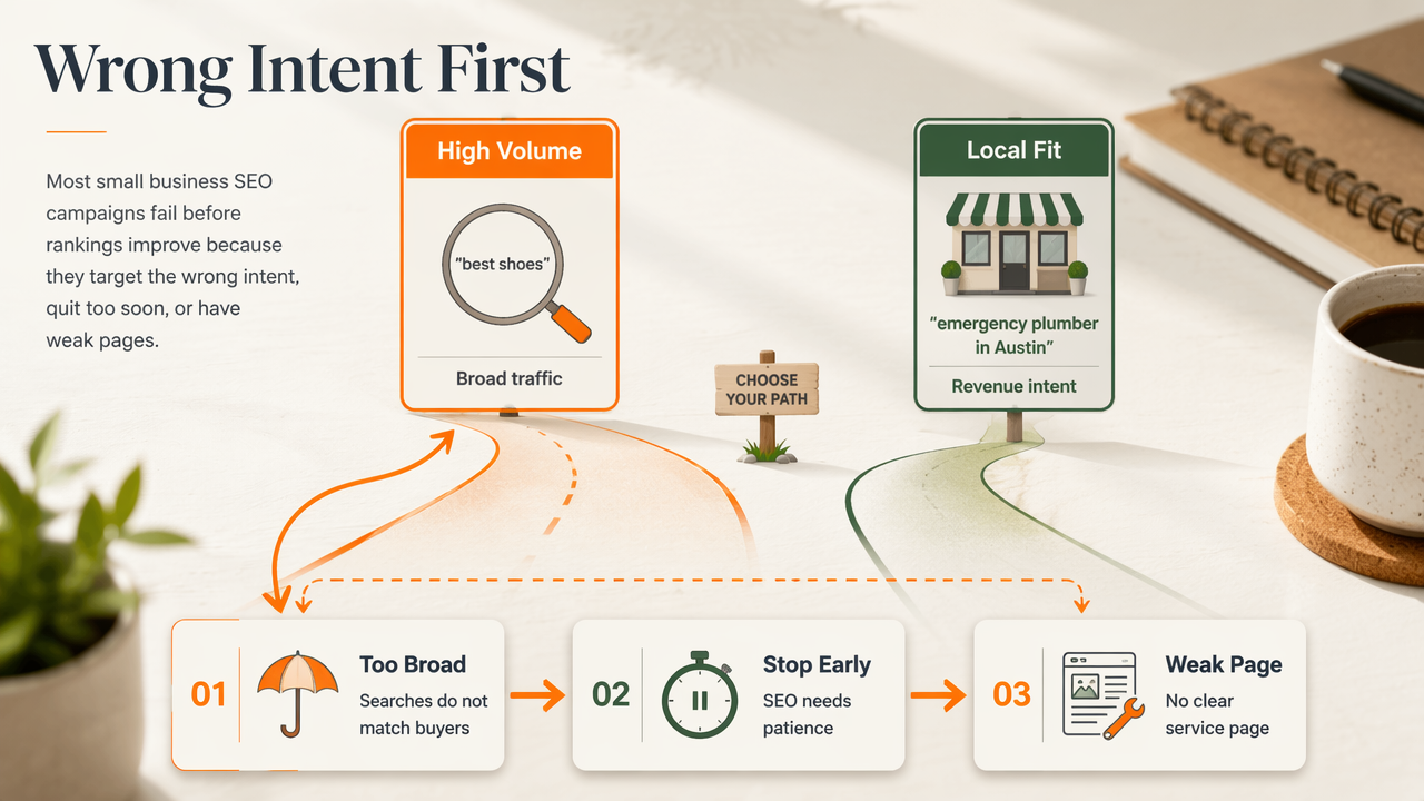 Infographic showing broad keywords, local intent, and why SEO campaigns fail early.