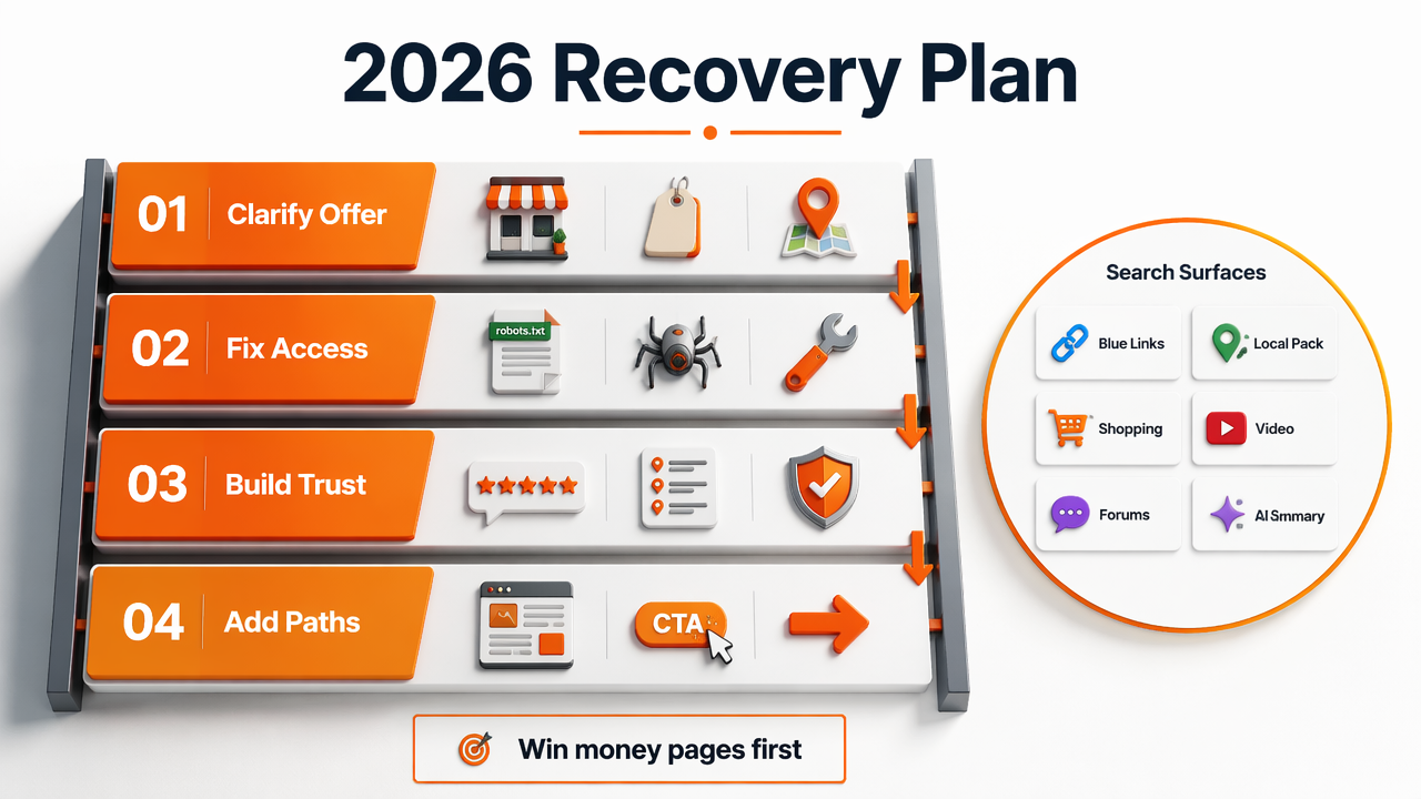 Workflow diagram of a 2026 SEO recovery plan with trust, access, and conversion priorities.
