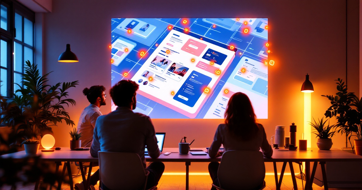 Marketing team analyzing glowing website heatmap visualization in a modern startup workspace
