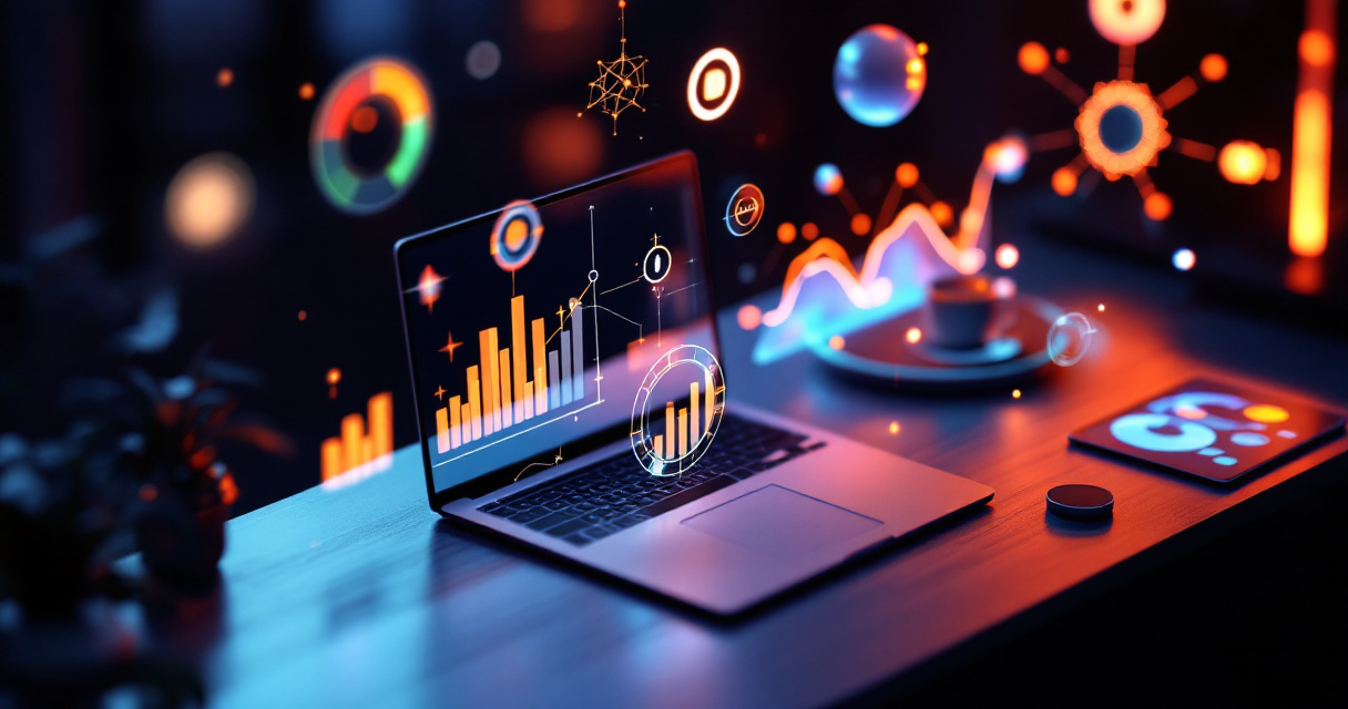 Abstract analytics dashboard with glowing charts and metrics representing client marketing performance insights