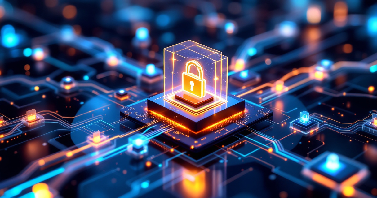 Secure data streams protected by glowing shields symbolizing privacy and governance in analytics dashboards